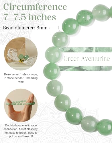 Natural Stone Beaded Bracelets for Men Women, 4mm 6mm 8mm | Healing Crystal, Protection Gemstone, Gift Packaging with Energy Card, Stretch Jewelry, Replacement Beads Included, 18 Stone - color: Green Aventurine(Wealth & Success), size: 8mm