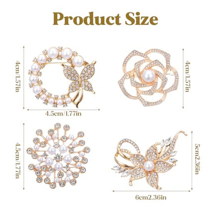 Pearl Flower Brooches for Women for Wedding Appreciation Ceremony | 4Pcs Glod Crystal Floral Pins, 4 Stlye Rhinestone Pearl Brooch, Fashion Elegant Golden Pins
