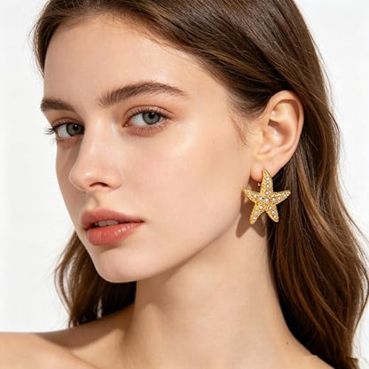 Gold Statement Earrings For Women, 14K Gold Plated Textured Geometric Drop Earrings - Hypoallergenic Stainless Steel Statement Earrings for Women, Waterproof Fan-Shaped Dangle Earrings for Beach & Daily Wear - color: Starfish CZ DKE252030GL