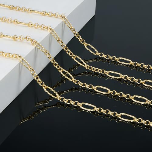 3M Mixed Material Chain Roll 18K Gold Plated Circle Chains Bulk | Embossed Paperclip Jewelry Links for Women Men DIY Handcraft Finding Jewelry Supplies - color: Small Circle Gold