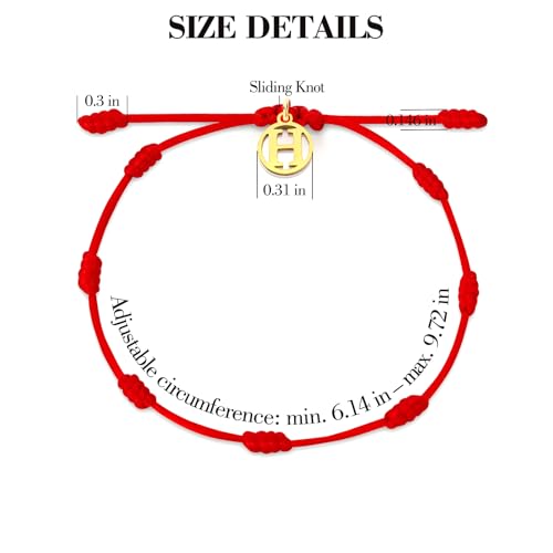 Red String Bracelet with Initial Letter and 7 Protective Knots – Adjustable Kabbalah Bracelet for Women & Men, Personalized Good Luck Charm for Positive Energy - color: H