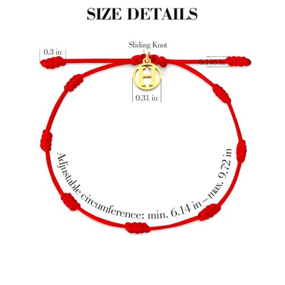 Red String Bracelet with Initial Letter and 7 Protective Knots – Adjustable Kabbalah Bracelet for Women & Men, Personalized Good Luck Charm for Positive Energy - color: H