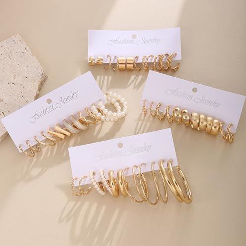 14K Gold Plated Geometric Hoop Earrings for Women Chunky Hypoallergenic Thick Lightweight Jewelry - color: Gold-24 Pairs-A