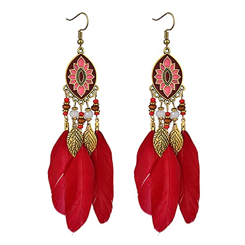 Dreuyet Boho Long Feather Drop Dangle Earrings for Women Retro Bohemian Ethnic Fringe Multicolor Tassel Feather Earring Handmade Statement Dream Catcher Earrings Jewelry - color: Red Oval