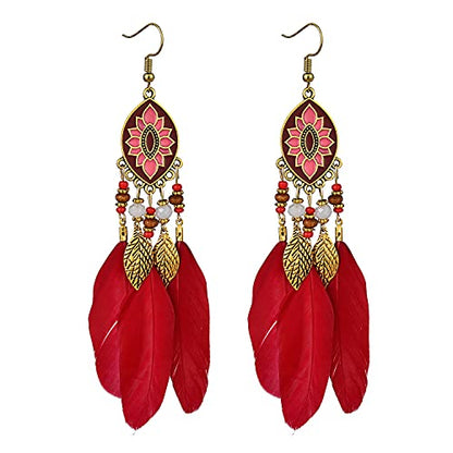 Dreuyet Boho Long Feather Drop Dangle Earrings for Women Retro Bohemian Ethnic Fringe Multicolor Tassel Feather Earring Handmade Statement Dream Catcher Earrings Jewelry - color: Red Oval