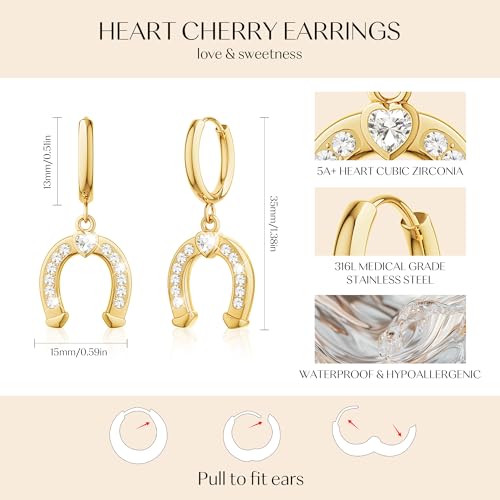 Gold Dangle Earrings for Women,Horseshoe Hoop Huggie Earrings with Heart Cubic Zirconia Hypoallergenic Lightweight Dangling Earrings Lucky Jewelry Gifts Perfect for Christmas,Birthday,Anniversary - style: Huggie