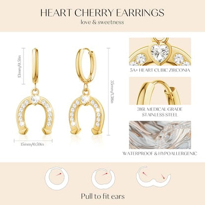 Gold Dangle Earrings for Women,Horseshoe Hoop Huggie Earrings with Heart Cubic Zirconia Hypoallergenic Lightweight Dangling Earrings Lucky Jewelry Gifts Perfect for Christmas,Birthday,Anniversary - style: Huggie