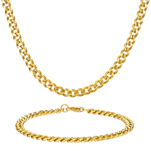 NORBU Stainless Steel Cuban Link Chain and Bracelet Set for Men, Chains 3.5mm/5mm/7mm Width, Bracelet 7 1/2" and 8" Length, No Tarnish & Durable Mens Jewelry - size: 20"Chain & 7.5"Bracelet, style: Cuban Set - 5mm