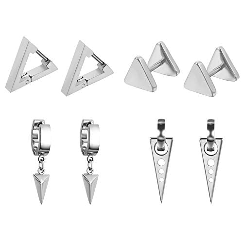 Aroncent 2-8Pcs Womens Mens Huggie Hoop Triangle Earrings Viking Runes Stainless Steel Ear Stud Novelty Black/Gold/Silver - color: C-Silver