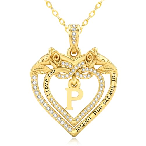 14K Gold Initial Letter Rose Heart Pendant Necklace for Women, Anniversary Birthday Jewelry Gifts for Wife Mom Grandma Sister Daughter, I Love You for Always And Forever - style: 14K Gold-P
