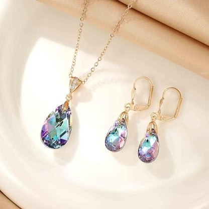 Austrian Crystals Teardrop Pendant Necklace Earrings for Women 14K Gold Plated Hypoallergenic Leverback Drop Dangle Earrings Jewelry Set - color: Vitrail Light