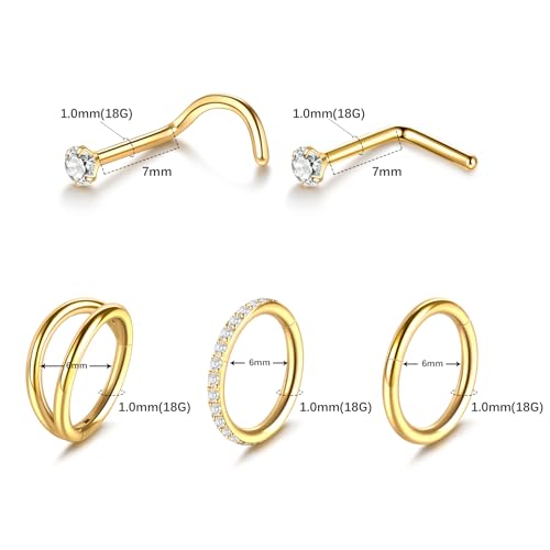 Xpircn 5pcs Hoop Nose Rings and L Shaped Nose Rings Stud Set 18G/20G Stainless Steel CZ Helix Conch Daith Tragus Cartilage Hoop Earrings for Women 6mm 7mm 8mm 10mm - color: Gold, size: 18G, 6mm hoop & 7mm studs