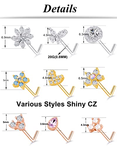 9Pcs Nose Rings Stud L Bone Screw Shaped Nose Ring Flower CZ Snowflake Butterfly Screw Nose Stud Body Piercing Jewelry for Women Men 20G Silver Gold Rose Gold Tone - color: H:Mixed Colors