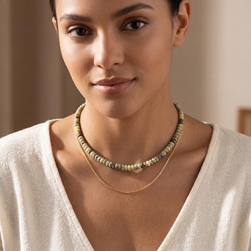 CONRAN KREMIX Colorful Stone Beaded Necklace for Women,Natural Gemstone Bead Choker Necklaces Boho Summer Beach Layering Necklace Jewelry Gift for Women - color: Yellow Turquoise