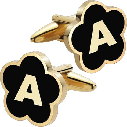 Initial Cufflinks for Mens,Personalized Black Glod Pated Letter Shirts CuffLinks,Stainless Steel Cuff Links, Business Wedding Gift A-Z - style: Letter A