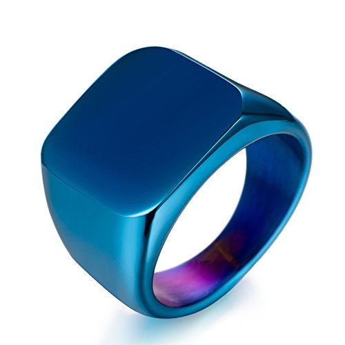 Stainless Steel Signet Ring for Men Solid Square Biker Rings Matte Brushed/Polished Finish - color: Polished, Blue
