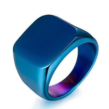 Stainless Steel Signet Ring for Men Solid Square Biker Rings Matte Brushed/Polished Finish - color: Polished, Blue