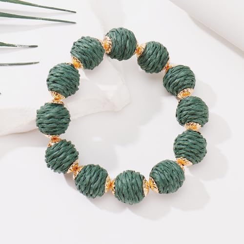 Coiris Rattan Raffia Woven Adjustable Boho Bracelet for Women | Handmade Bracelets Stretch Bracelet - color: Teal