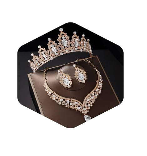 Kamirola Bridal Wedding Tiara Crown Jewelry Set for Women/Brides/Bridesmaids Crystal Jewelry Set for Wedding Prom Party Bridal Crystal Necklace Earrings Bracelet Set(TR60) - color: Gold