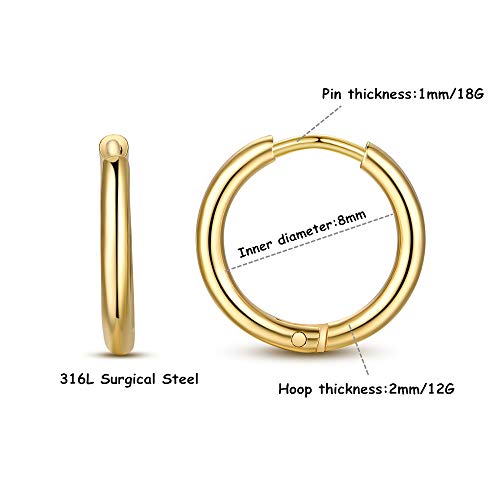 FOSIR Stainless Steel Small Huggie Hoop Earrings for Women Men Cartilage Earring Hoops, 6/8/10/12mm Diameter - style: 8mm Gold(2pcs)