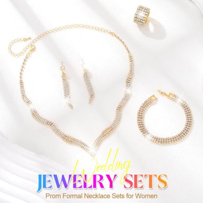Rhinestone Bridal Wedding Jewelry Sets Black Necklace Earrings Bracelet Ring Set Prom Formal Costume Jewelry Set for Women and Brides - color: Gold