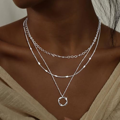 14K Gold Silver Plated Layered Necklaces for Women Trendy | Necklaces for Women Trendy, Stackable Dainty Chain Necklace, Beach Cute Fashion Pendant Choker Necklace, Jewelry Set Gifts - color: 3PCS / Twisted Circle & 2 Chains - Silver