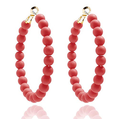 ZENZII Beaded Hoop Earrings Bohemian Circle Round Bead Earrings Chic Dangle Earrings for Women and Girls - color: Red