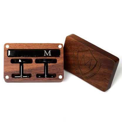 Mens Initial Cufflinks and Tie Clip A-Z Alphabet Letter Black Stainless Cuff Links Tie Bar with Engraved Walnut Wood Box Groom Groomsman Wedding Set - style: Classic-M