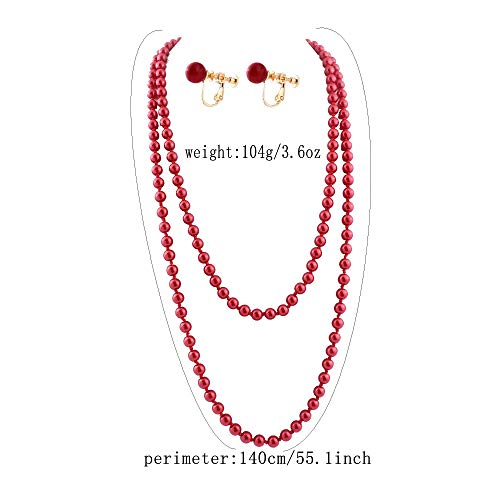 Handmade Faux Pearl Necklace and Clip on Earrings Jewelry Sets for Women Bib Choker Collar Necklace - color: 140cm Red-Necklace+Screw Clip Earrings