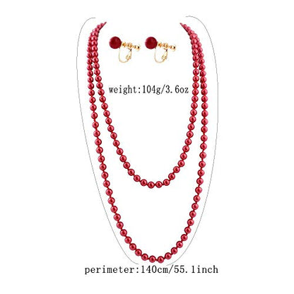 Handmade Faux Pearl Necklace and Clip on Earrings Jewelry Sets for Women Bib Choker Collar Necklace - color: 140cm Red-Necklace+Screw Clip Earrings