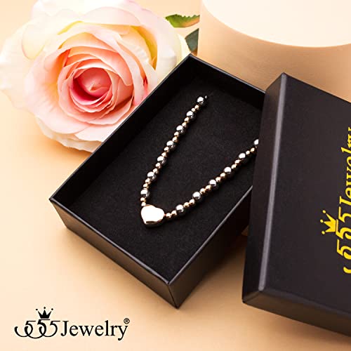 555Jewelry Stainless Steel Beads & Puffed Heart Charm Bracelet for Women & Ladies - color: Silver/Rose Gold