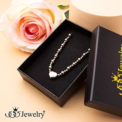 555Jewelry Stainless Steel Beads & Puffed Heart Charm Bracelet for Women & Ladies - color: Silver/Rose Gold