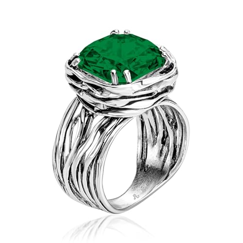 JEAN RACHEL JEWELRY 925 Sterling Silver Ring - Wrap Vintage Design with Cushion Shaped Cubic Zirconia - Hypoallergenic, Lead & Nickel Free - Artisan Handcrafted Statement Rings for Women - color: Emerald CZ