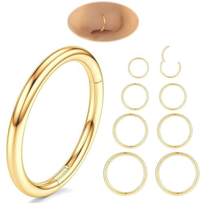Nose Rings 20G 18G 16G 316L Surgical Steel Hinged Clicker Segment Nose Hoop Helix Cartilage Daith Tragus Sleeper Earrings Body Lip Piercing Jewelry for Women Men 6mm 7mm 8mm 10mm 12mm - style: 02:Gold-18G*6/8/10/12mm(8pcs)