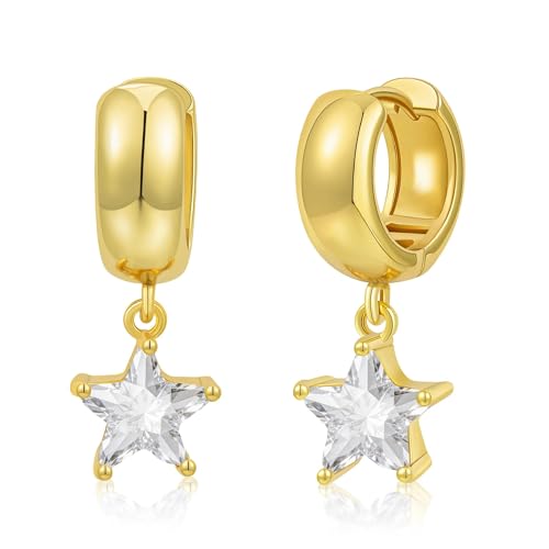 Gold Huggie Dangle Earrings for Women Chunky Hoop Huggies Cubic Zirconia Drop Earring Diamond Crystal Charm Statement Teardrop Earrings Jewelry Gifts - color: Gold-Star
