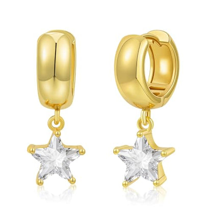 Chunky Gold Huggie Cz Dangle Earrings for Women | Hoop Huggies Dangly, Cubic Zirconia Drop Earring, Diamond Crystal Charm, Statement Dangling Earrings, Jewelry Gifts - color: Gold-Star