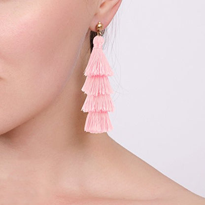 BaubleStar Bohemian Layered Tassel Drop Earrings for Women | Lightweight Statement Party Festival Jewelry - color: Pink