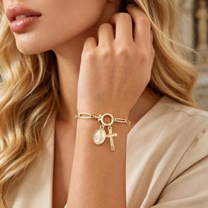 XUANPAI Virgin Mary Cross Bracelet for Women,14K Gold Plated Chain Bracelet,Virgen de Guadalupe Catholic Link Bracelet with Crucifix Charm, No Tarnish Religious Jewelry Gift for Baptism Confirmation - color: Gold-Paperclip Chain