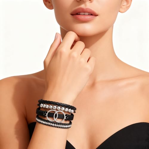Leather Wrap Bracelets for Women, Boho Leopard Multi-Layer Crystal Beads Cuff Jewelry - color: J-Warp-006