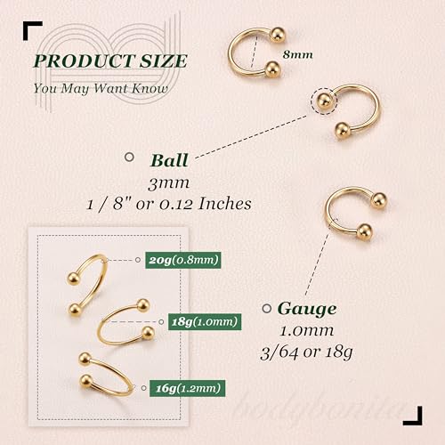 G23 Titanium 14/16/18/20G Septum Rings Horseshoe Nose Ring Jewelry | 2/3Pcs Circular Barbell Spike Lip Body Piercing Jewelry Conch Helix Tragus Earring Silver/Black 8/10/12mm 14K Gold Plated - color: Gold-3pcs, size: Balls-3pcs-18g-8mm