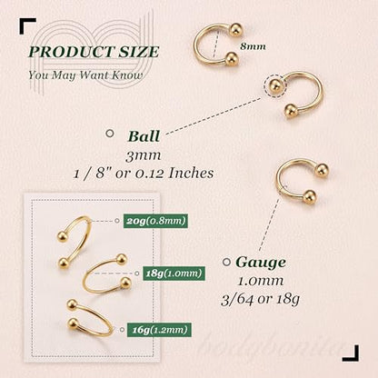 G23 Titanium 14/16/18/20G Septum Rings Horseshoe Nose Ring Jewelry | 2/3Pcs Circular Barbell Spike Lip Body Piercing Jewelry Conch Helix Tragus Earring Silver/Black 8/10/12mm 14K Gold Plated - color: Gold-3pcs, size: Balls-3pcs-18g-8mm