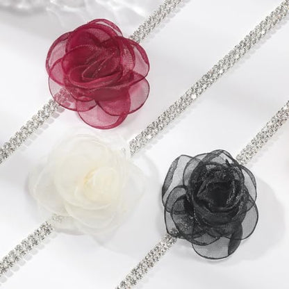 Rose Black Velvet Floral Choker Necklace - Camellia Daisy Rosette - Spring Summer Flower Jewelry - color: Black3