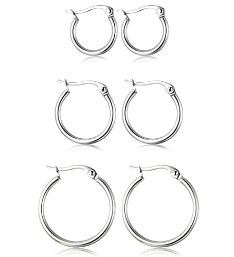 Jstyle Stainless Steel Hoop Earrings for Women Hypoallergenic Hoops Stack | Earrings for Sensitive Ears, Secure Click Clasps, Silver/Gold/Rose Gold, 10mm 15mm 20mm Small Medium Large Loop Earrings Set - size: 20 millimeters