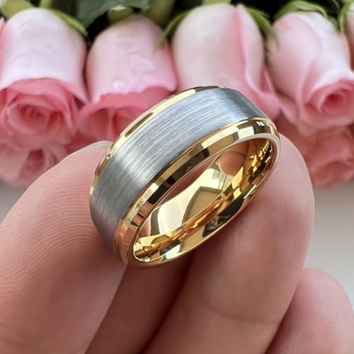 TUTISS 6mm 8mm Tungsten Rings for Men Women Fashion Engagement Wedding Bands Brushed Finish Stepped Beveled Edges Comfort Fit - color: 8mm Gold Tungsten Silver Top