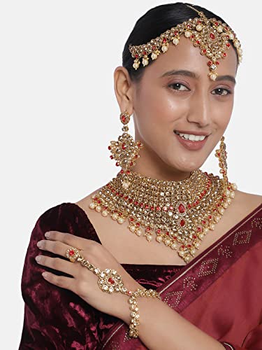 Aheli Bollywood Style Indian Bridal Choker Necklace Matha Patti Nose Ring Haath Phool Wedding Fashion Bharatanatyam jewellery set for Women - color: Champagne-Red