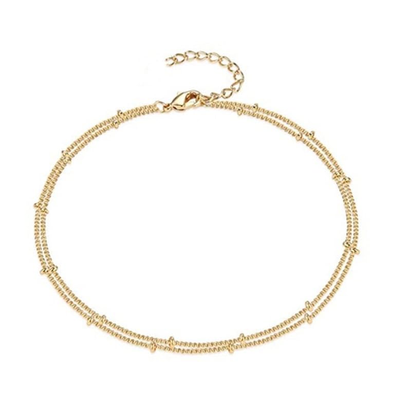 Women's Double Layer Bead Anklet Dainty Gold Satellite Chain Ankle Bracelet Minimalist Foot Jewelry for Beach, Pool & Vacation (Gold)