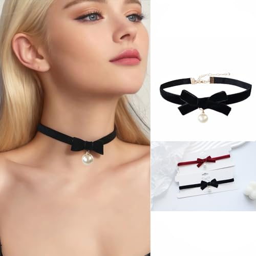 Bow Necklace for Women Dainty Velvet Ribbon Choker Necklaces Red Black Bow Choker Pearl Bell Heart Pendant Necklace Winter Holiday Necklace Cute Bow Knot Necklace for Christmas New Year Gifts - color: Black+pearl