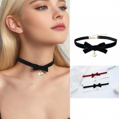 Bow Necklace for Women Dainty Velvet Ribbon Choker Necklaces Red Black Bow Choker Pearl Bell Heart Pendant Necklace Winter Holiday Necklace Cute Bow Knot Necklace for Christmas New Year Gifts - color: Black+pearl