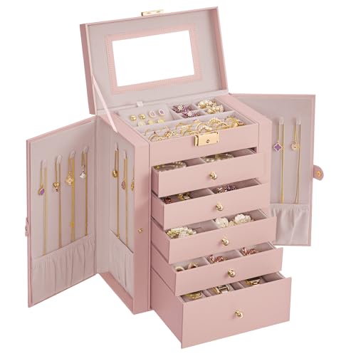 SONGMICS Jewelry Box Organizer, 6-Layer with 5 Drawers, Jelly Pink | Jewelry Storage Case with Lock and Mirror, Large Storage Capacity, for Necklaces, Watches, Gift for Loved Ones UJBC152SA02S - color: Jelly Pink, size: 6 Tier