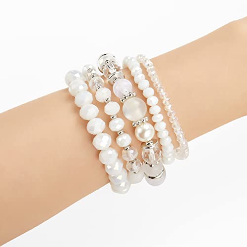 Noessla Beaded Boho Stretch Bracelet Colorful Stackable Crystal Beads Bracelets Trendy Costume Jewelry Mothers Day Gifts for Women - color: 21-White